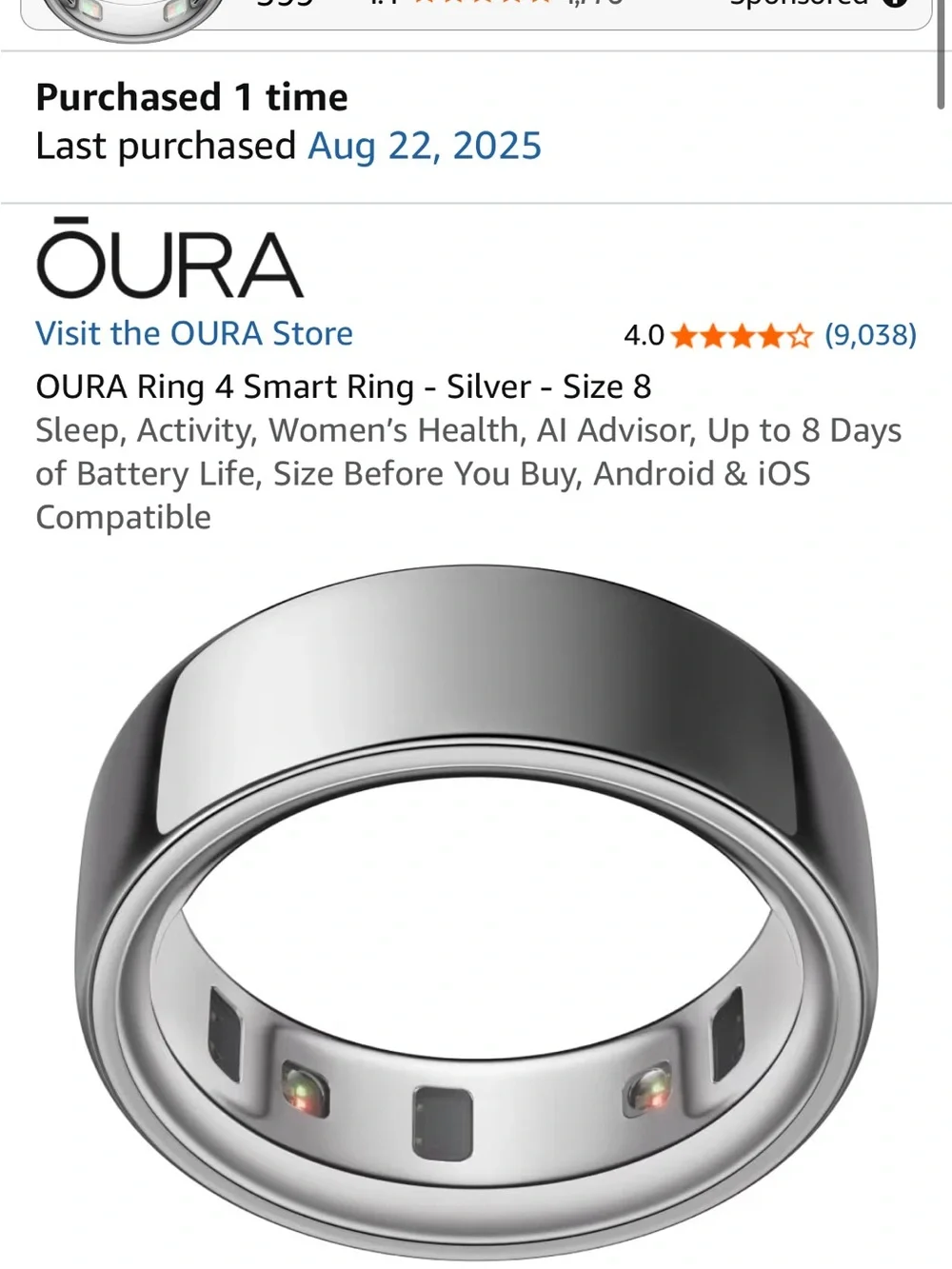 OURA RING GEN 4 SIZE 8 SILVER